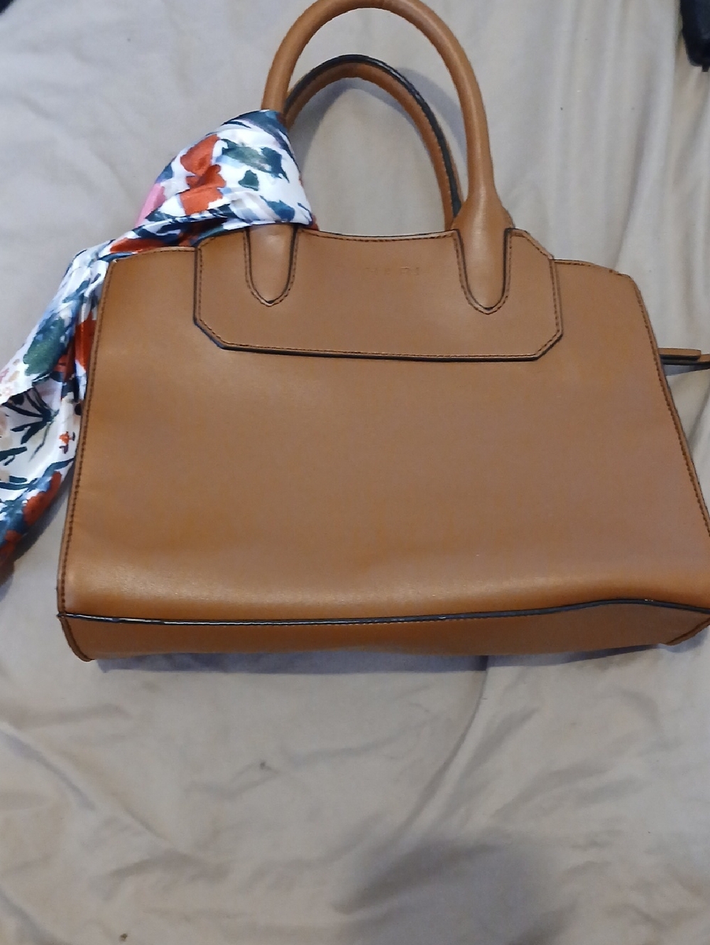 TAHARI Classic Tan Tote Handbag with Scarf Accent